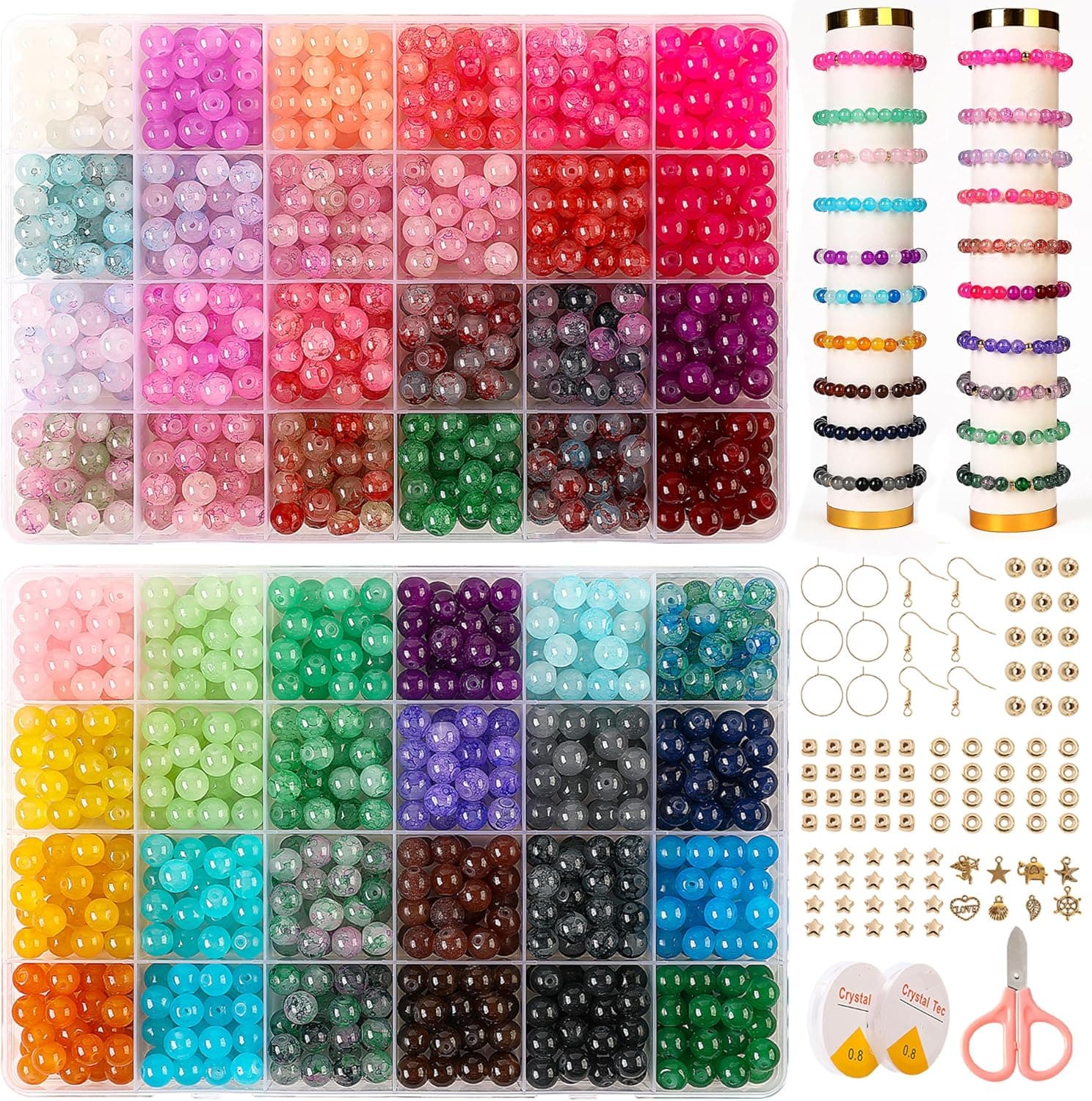 Glass Beads for Jewelry Making, 1300pcs 8mm 48 Colors Round Crystal Glass Beads Bracelet Making Kit